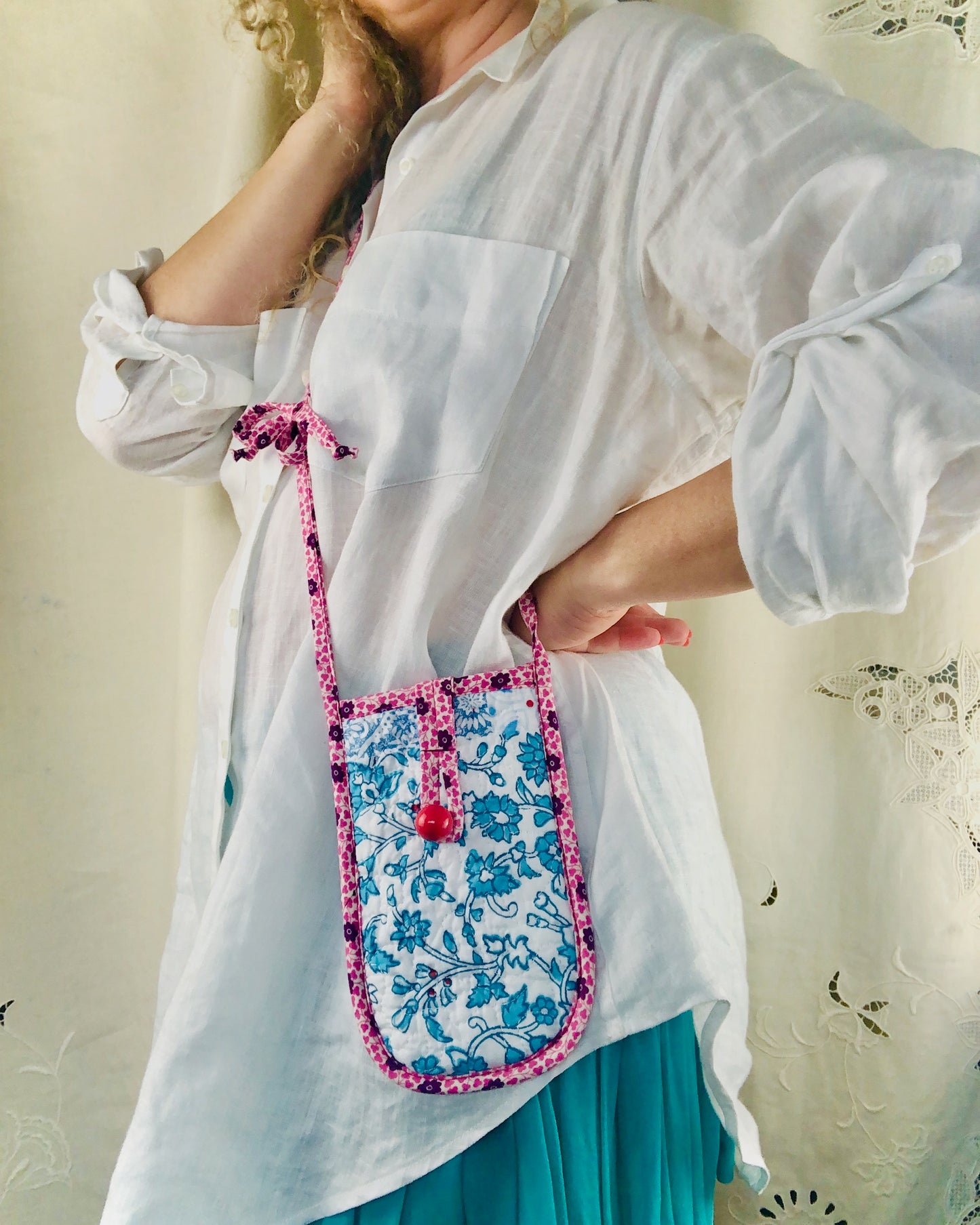 Quilted phone pocket - blue patchwork