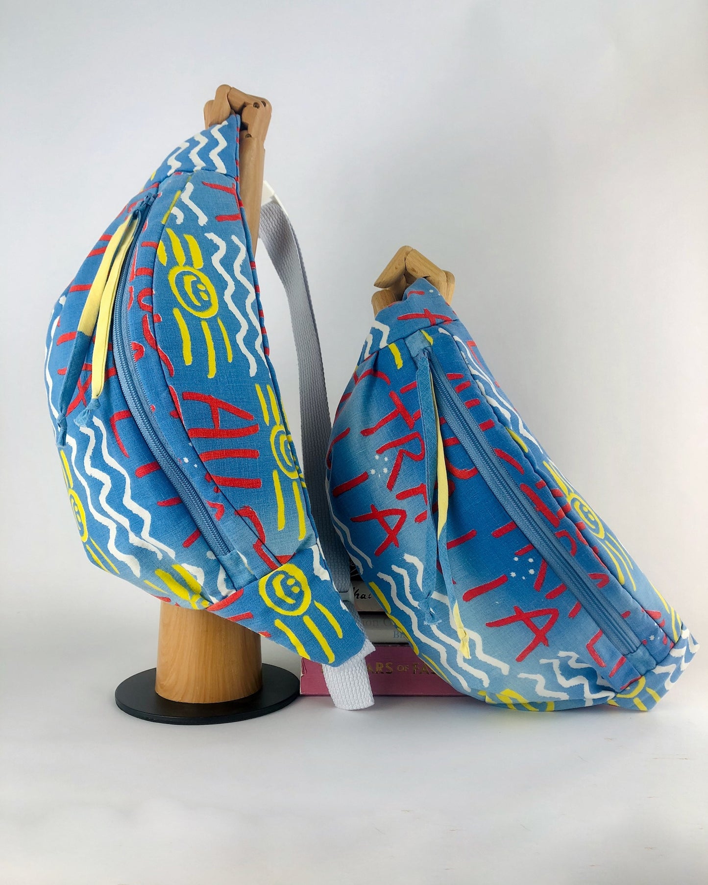 Two handmade bum bags from from vintage Ken Done fabric diverted from landfill