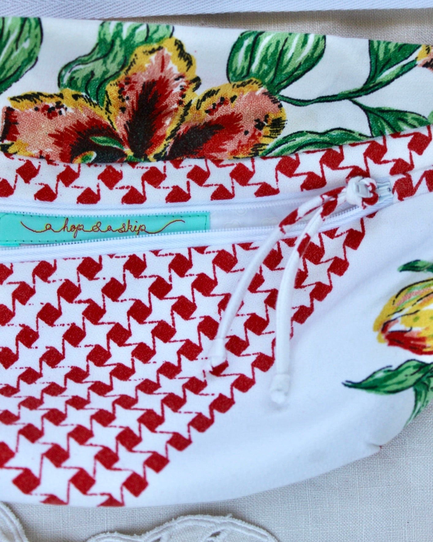 Close up view of handmade bumbag made from vintage tablecloth