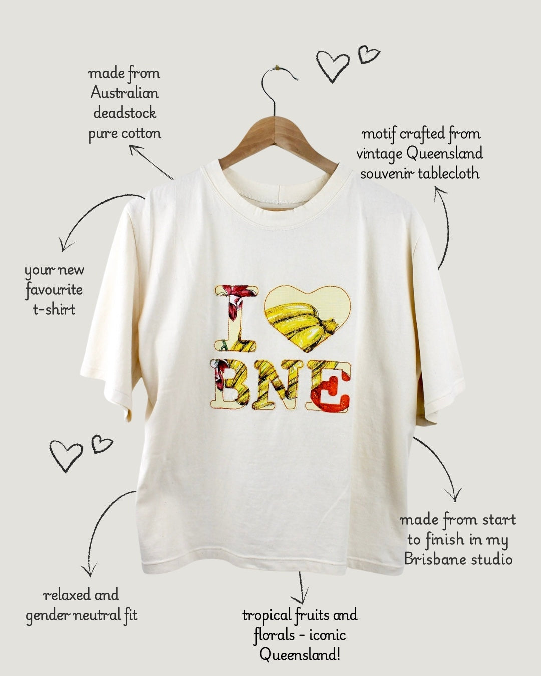 White t-shirt with 'I ❤️ BNE' design on a hanger, with text detailing its features.