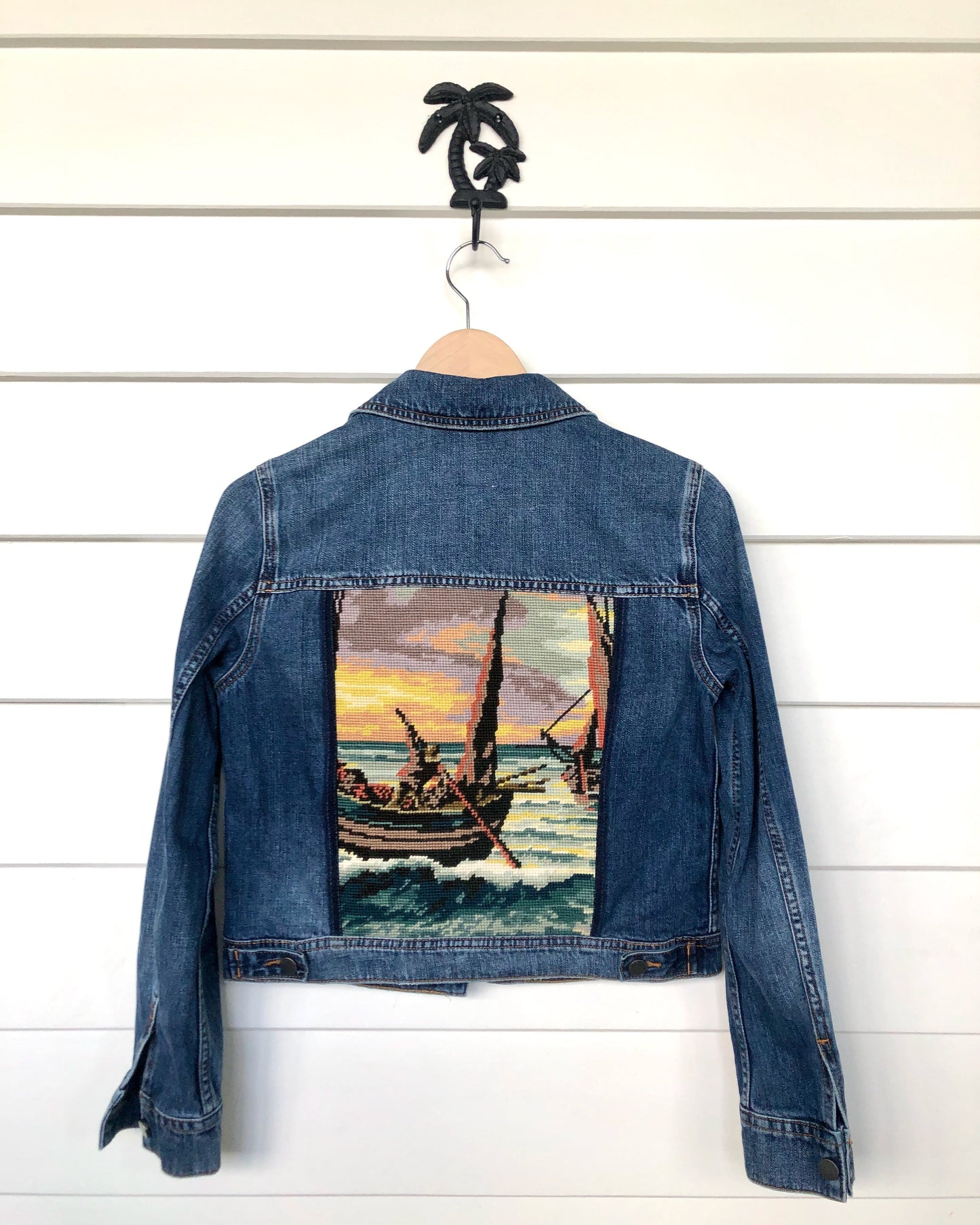 Up cycled denim jacket with feature handmade needle point embroidery