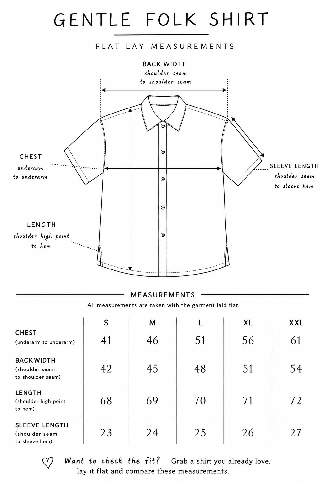 A flat lay measurement chart for a gentle folk shirt, showing a labeled front-view shirt diagram with arrows marking back width, chest, length, and sleeve length, plus a measurement table for sizes S through XXL.
