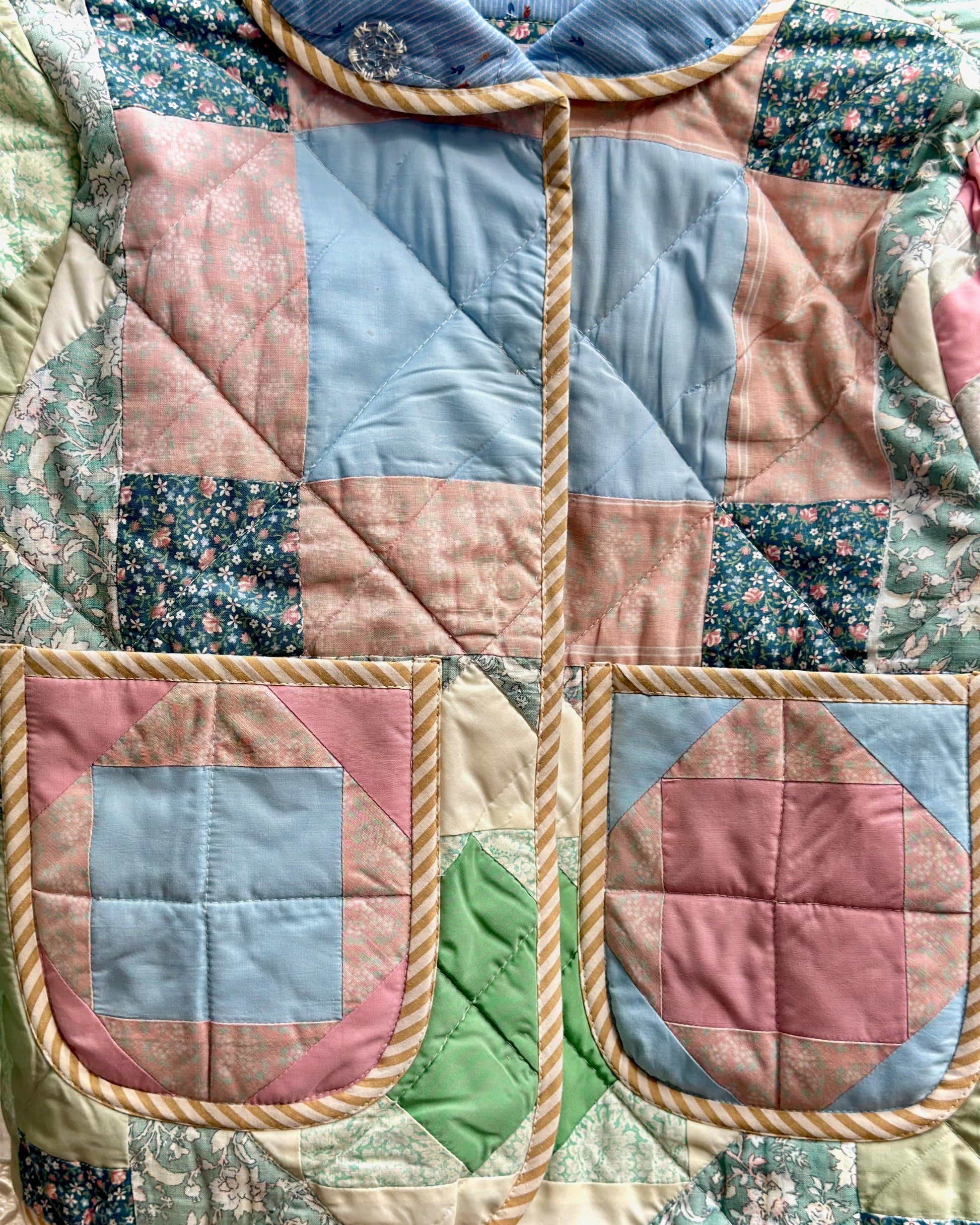Close up detail view of a Patchwork quilt which has been remade into a winter jacket with colorful squares and floral patterns
