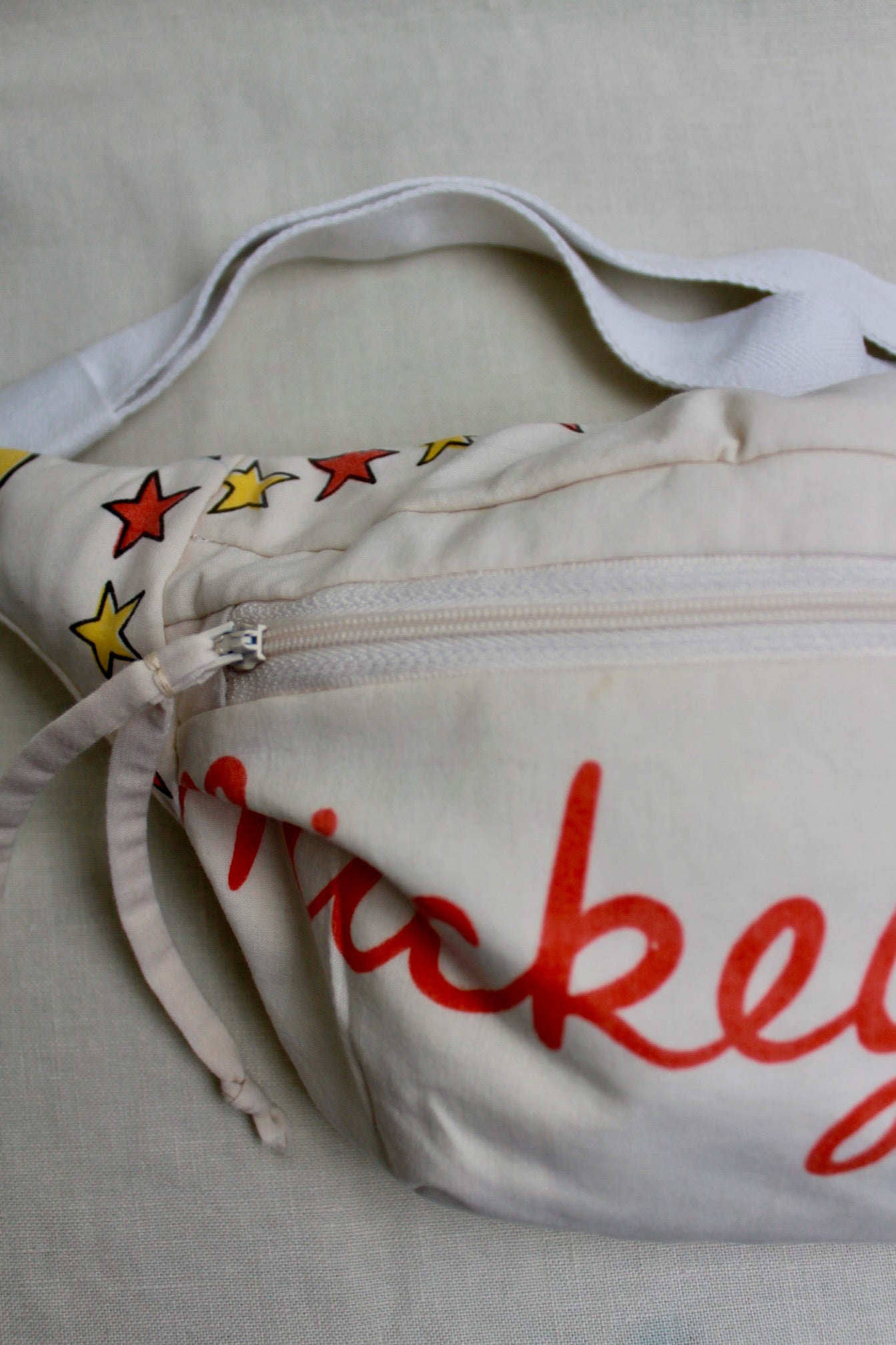 Close up detail of Mickey Mouse bumbag with zipper closure