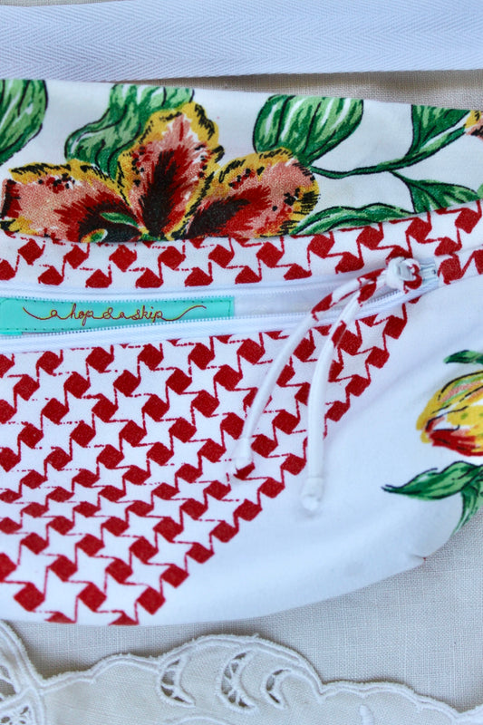 Close up view of handmade bumbag made from vintage tablecloth