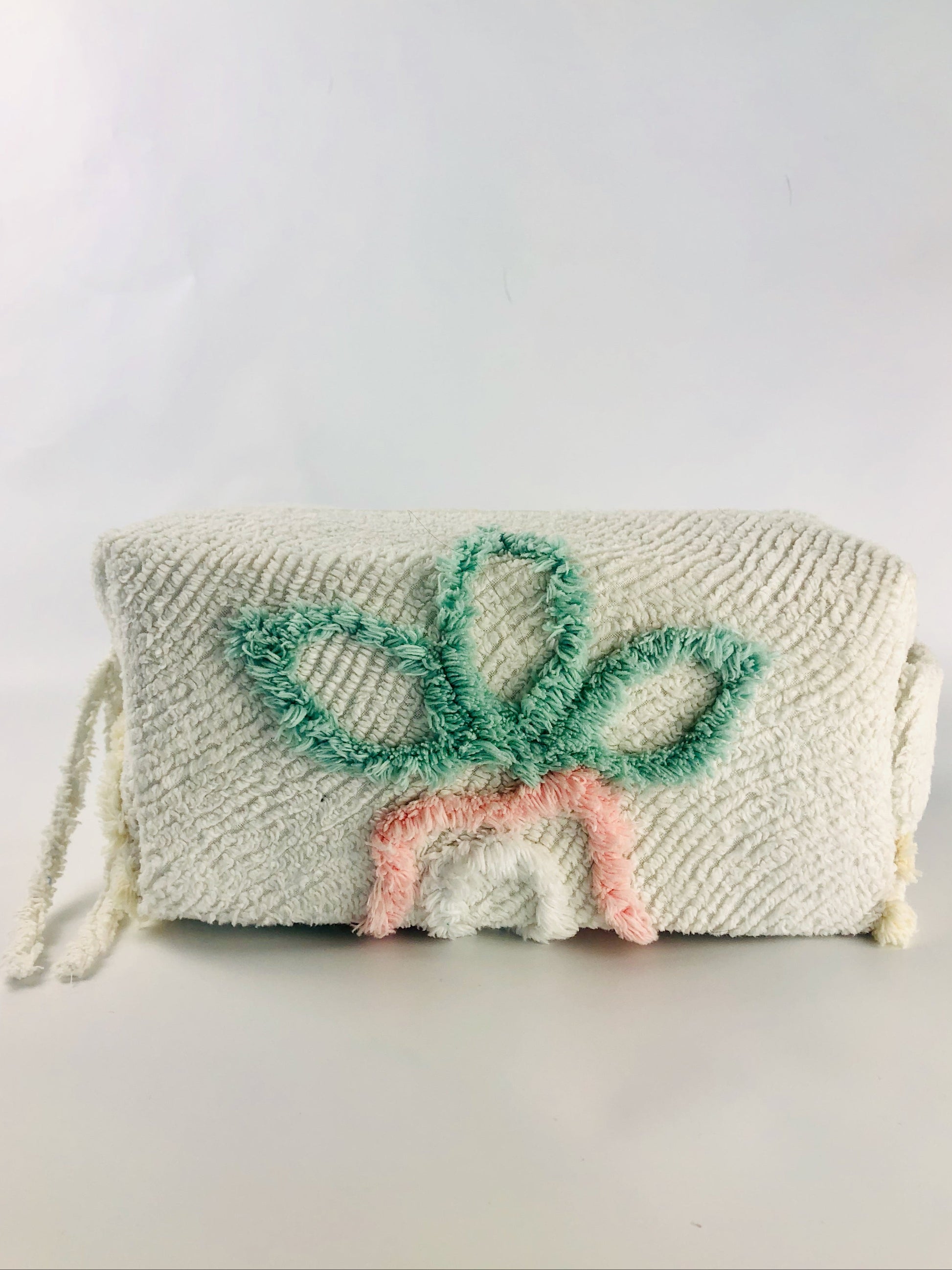 Large chenille make up bag in off white and pastel coloured florals