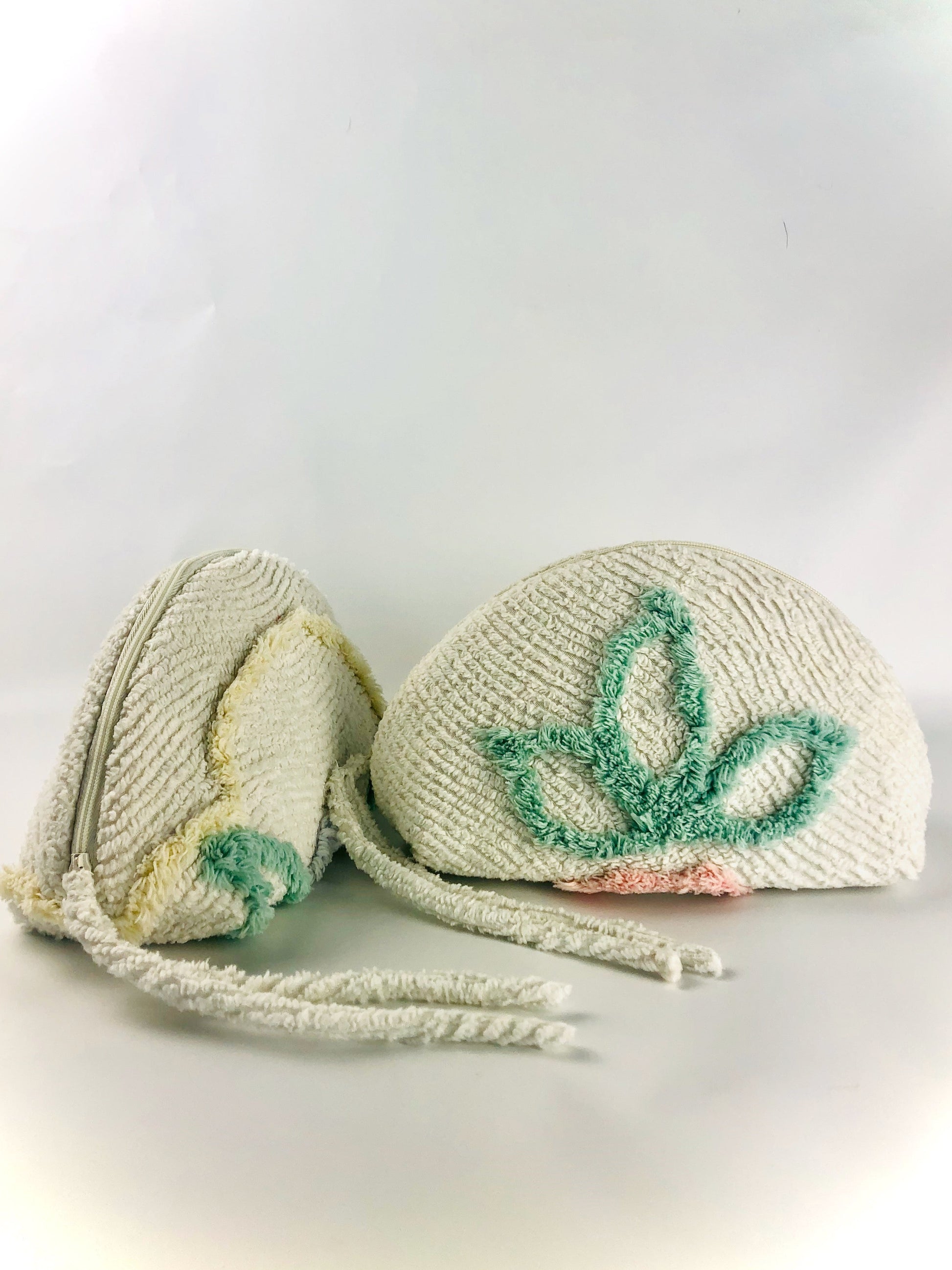 Two dumpling shaped cosmetics bags made from vintage chenille