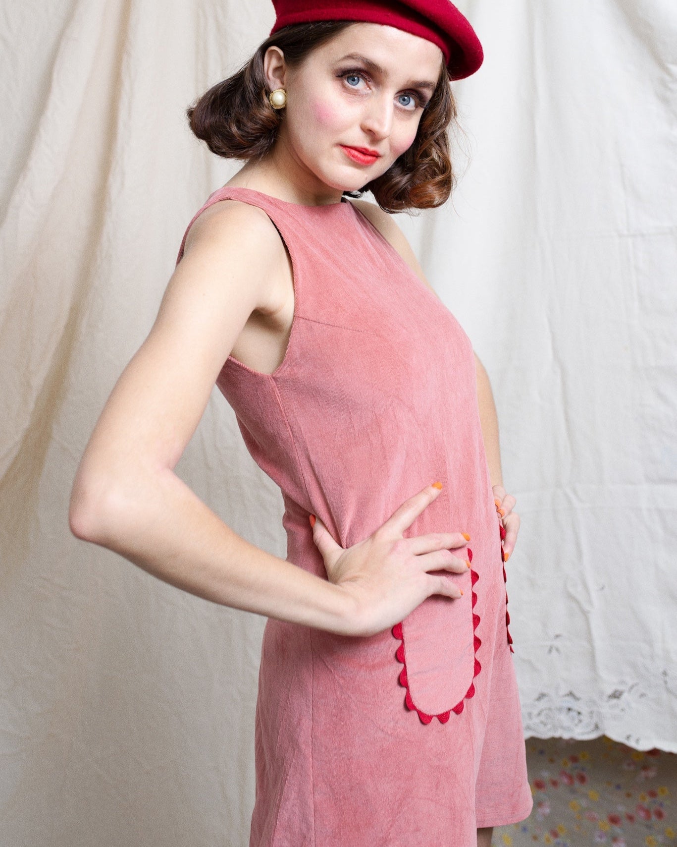 Pink pinwale corduroy pinafore shift dress with cute front patch pockets