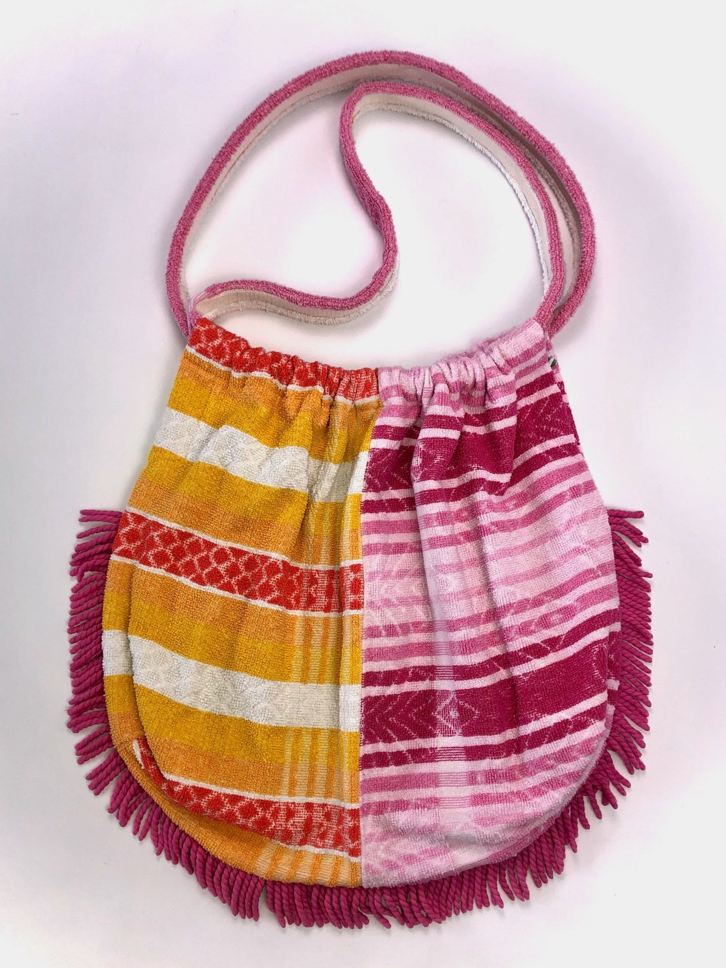 Sustainably made beach bag in pink and orange towelling