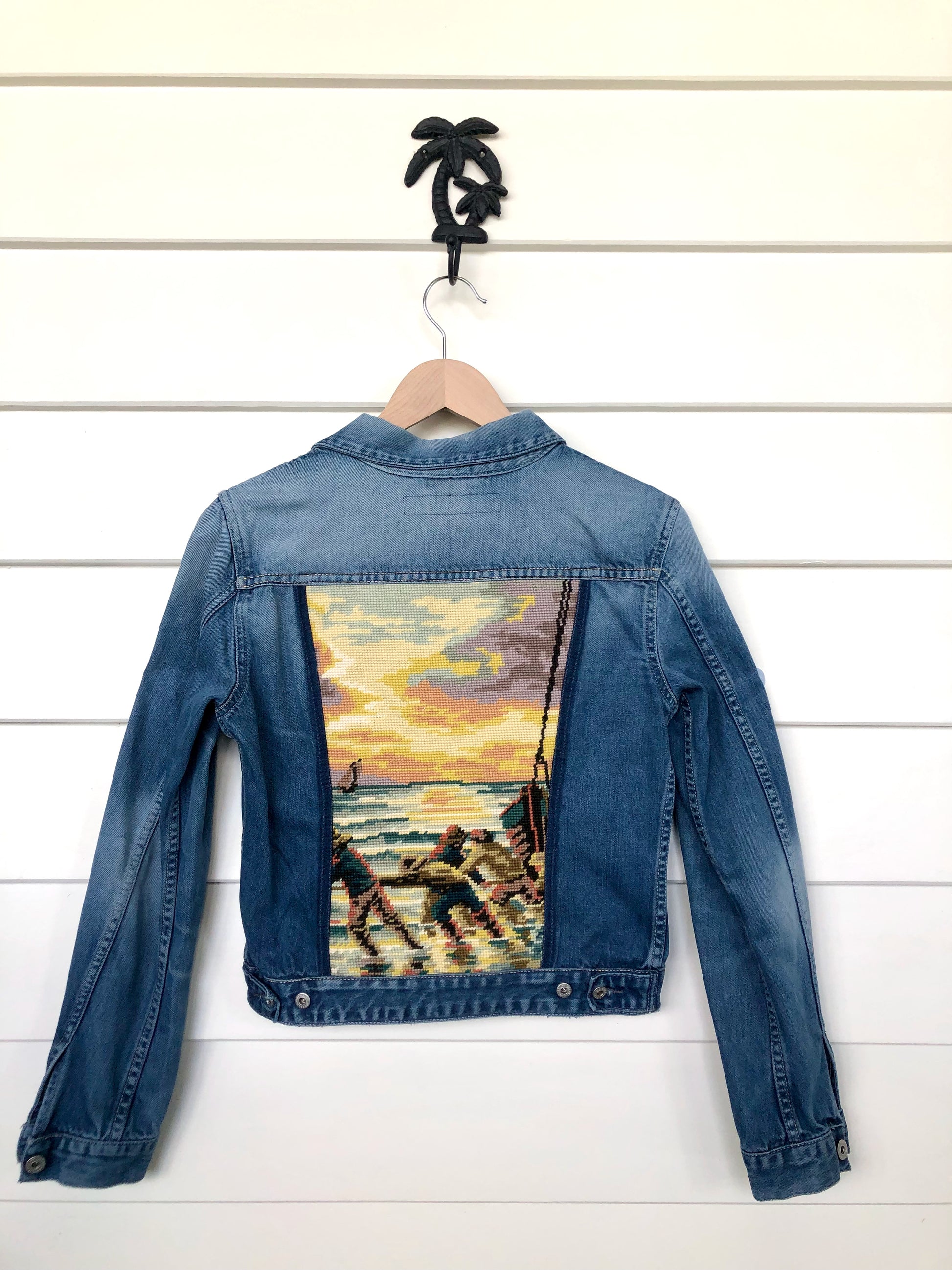 back view of up cycled denim jacket handmade in brisbane