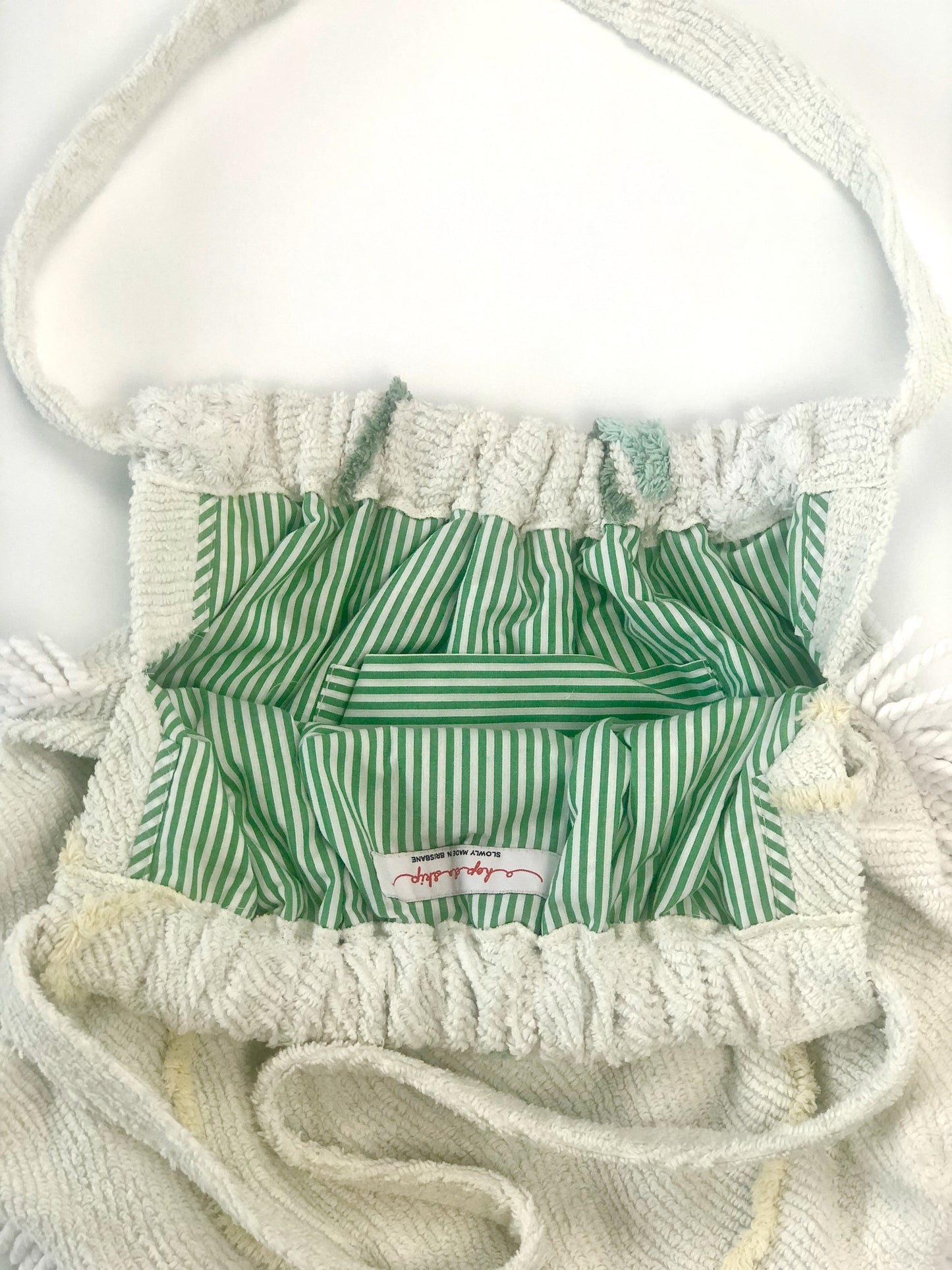 Inside of handmade chenille tote bag